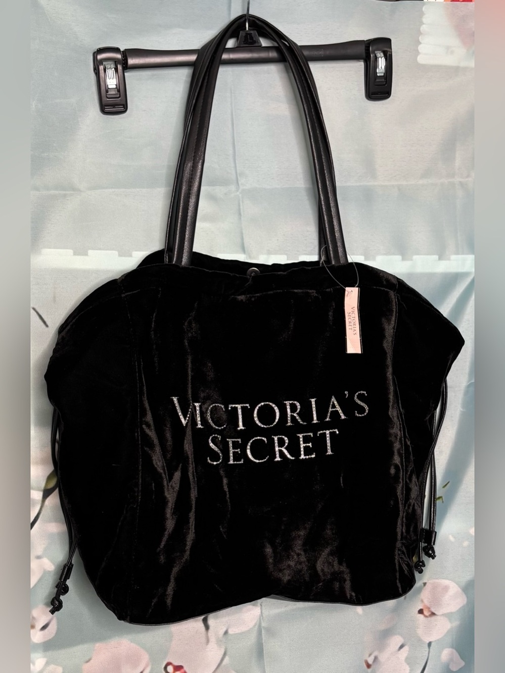 NWT Victoria's Secret Black Luxe Velvet Cinch Tote Bag Drawstring